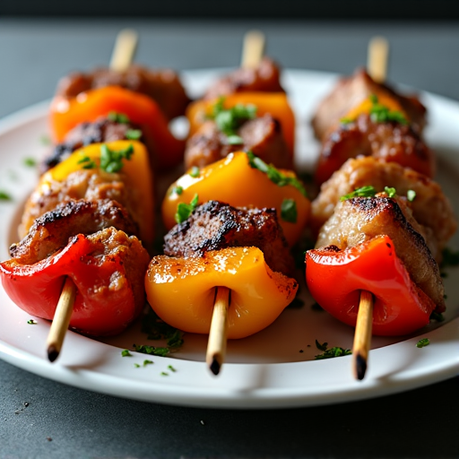 Plate of Colorful Grilled Skewers with Fresh Herbs. A vibrant plate featuring an assortment of expertly grilled skewers garnished with fresh herbs and spices, showcasing the rich colors and textures of different meats and vegetables.