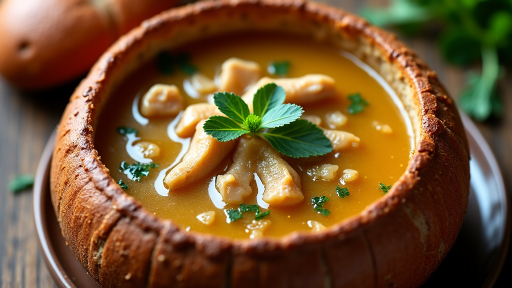 authentic georgian chicken soup in bread bowl