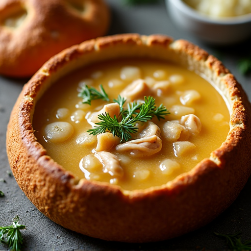 Detailed shot of Chikhirtma chicken soup served in a bread bowl, highlighting the rich broth and delicate chicken pieces. An authentic Georgian culinary experience from Yerevan Sac in Sacramento.