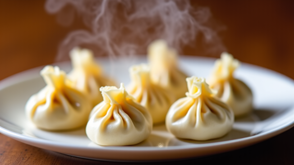 Authentic Georgian Khinkali dumplings perfectly pleated, ready to eat in Sacramento. Handmade khinkali soup dumplings arranged on a rustic wooden table with fresh herbs, showcasing the culinary excellence of Yerevan Sac for an immersive Georgian dining experience.