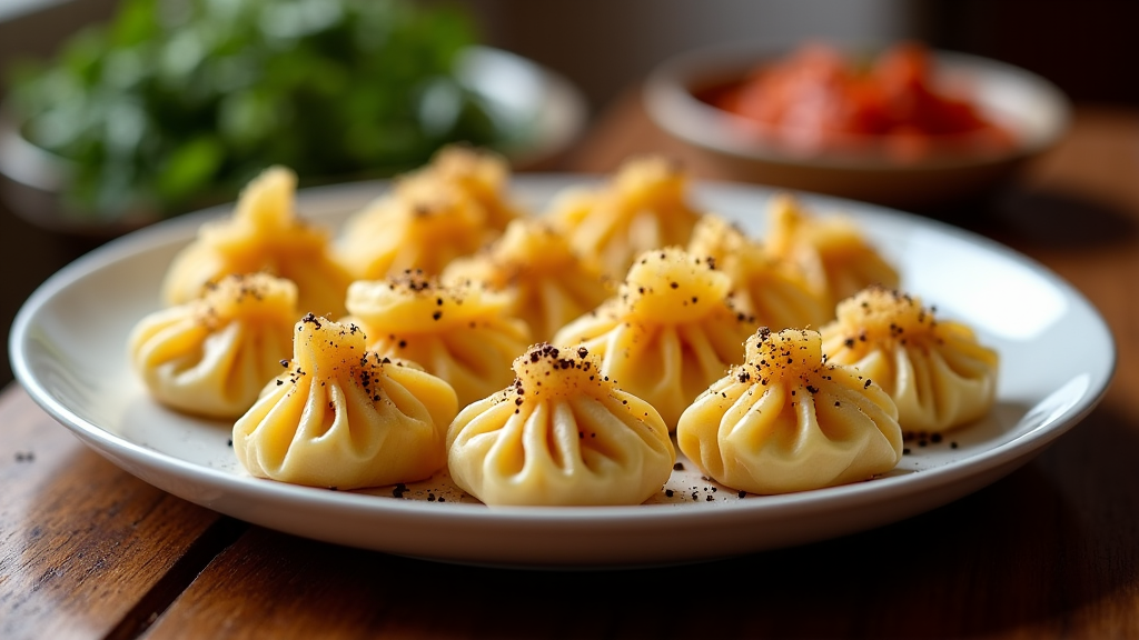 authentic georgian khinkali with beef and pork filling being served in a restaurant environment