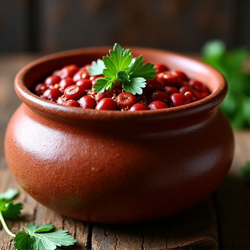 Authentic Lobio in a Clay Pot. A rustic clay pot filled with traditional Georgian Lobio, garnished with fresh herbs and served in a restaurant setting, highlighting its rich textures and natural vegan ingredients.