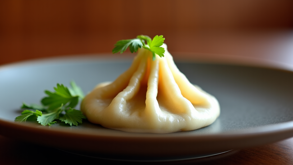 Platter of handmade mushroom khinkali dumplings, garnished with herbs on a rustic wooden table.
