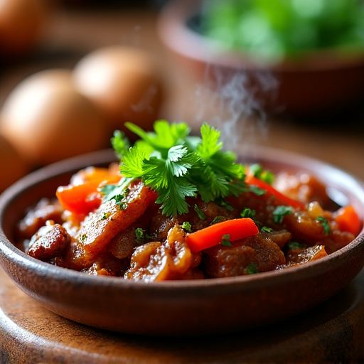 Authentic Tjvjik garnished with fresh herbs and bell peppers.