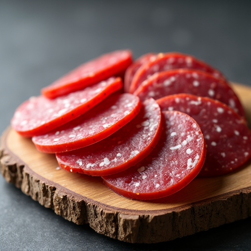 Close up of various cured meats and spices on a wooden table, showcasing the artisanal dry-curing process for Basturma and Sujuk, highlighting the traditional method of preparing Caucasian charcuterie.