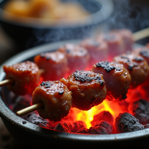 Authentic Mangal Grill with Skewers Cooking Over Hot Coals. A traditional Mangal grill in action, with various kebabs (shashlik and lula) sizzling over glowing charcoal, showing the intricate process of wood-fired cooking and authentic flavor infusion.