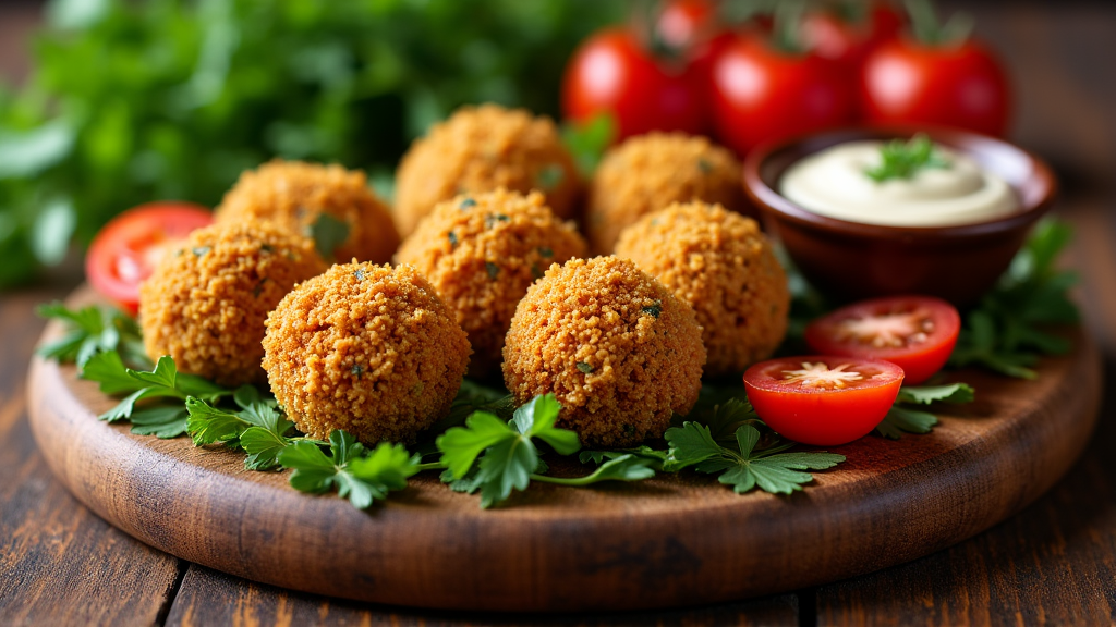 A vibrant falafel platter with crispy falafel, fresh herbs, and dipping sauces, showcasing the authentic flavor of Armenian Mediterranean cuisine served in Carmichael.