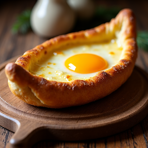 Freshly Prepared Adjaruli Khachapuri Ready to Serve. A golden brown Adjaruli Khachapuri, fresh from the oven, with a cracked egg yolk, melted butter, and perfectly baked edges, presented on a rustic wooden table.