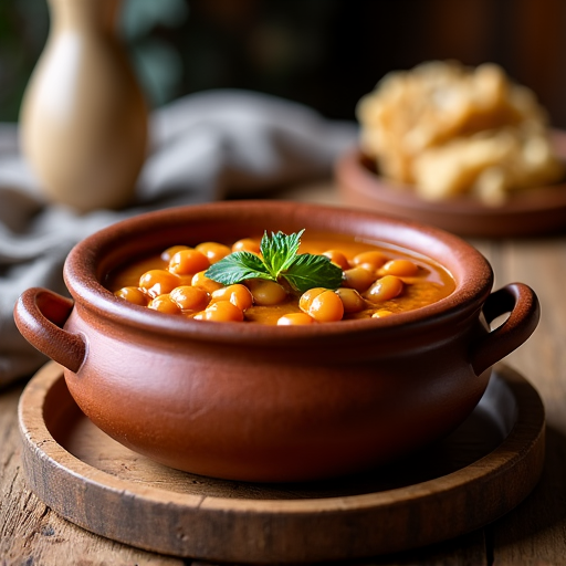Lobio served fresh in a clay pot. A detailed shot of freshly prepared Lobio, showing savory beans, herbs, and spices, presented in its traditional clay pot, ready to be enjoyed as a naturally vegan dish.