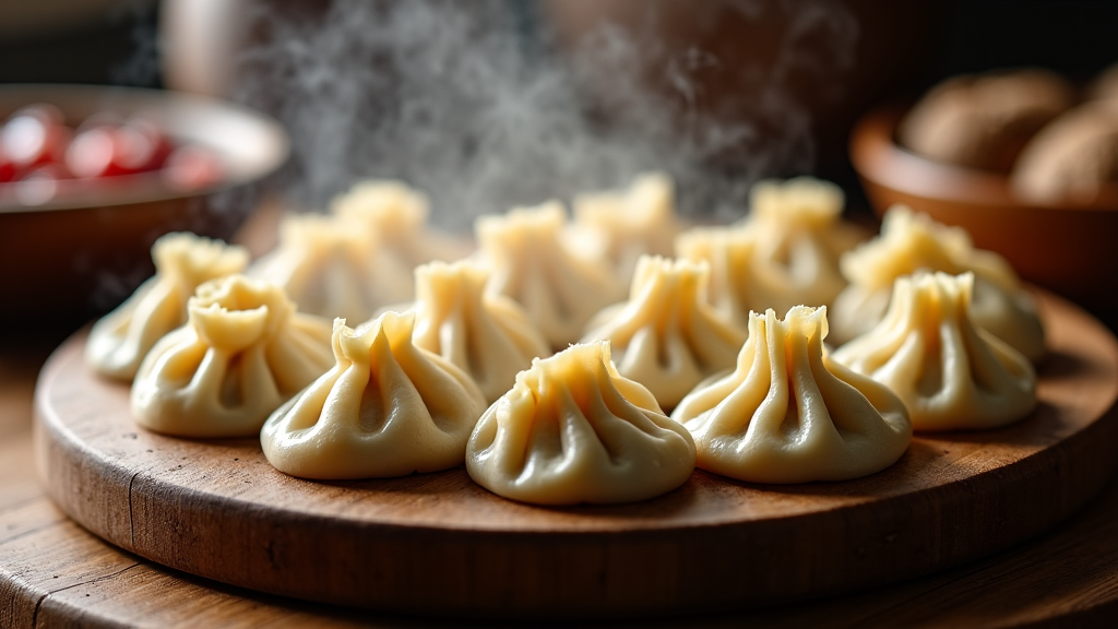 Plentiful Georgian khinkali dumplings on a platter, ready for family-style dining. Freshly cooked, handcrafted khinkali are a highlight, reflecting the rich culinary traditions of Yerevan Sac in Carmichael, CA.