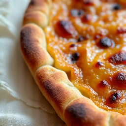 Delicious golden and crispy Khachapuri crust with a perfectly cooked egg yolk in the center.