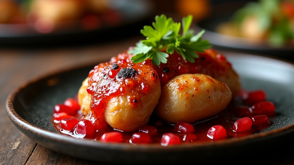 grilled quail with pomegranate sauce on a dark modern plate