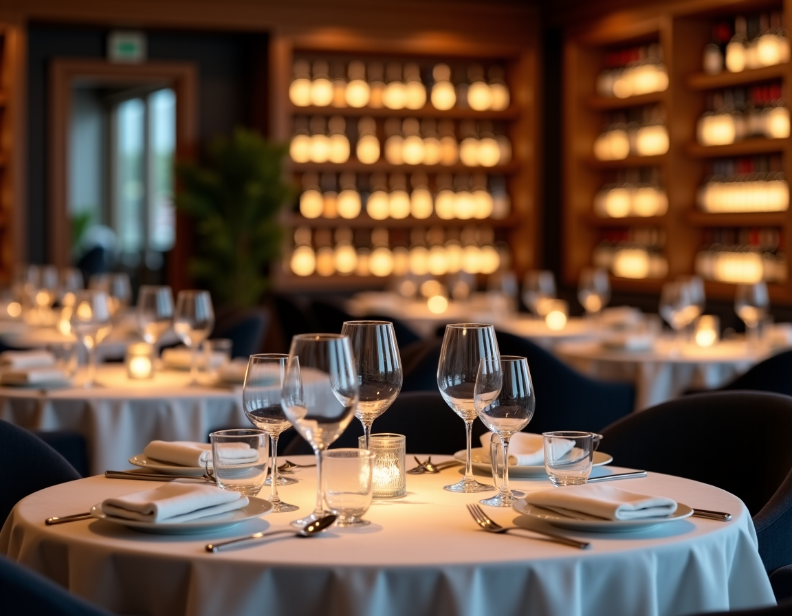 Interior of Yerevan Sac restaurant with elegant tables set, a visible wine display, and warm lighting, showcasing a refined dining atmosphere.
