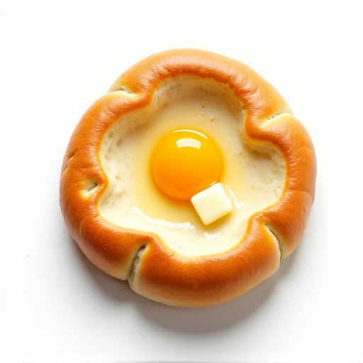 How to Eat Adjaruli Khachapuri: Georgian Cheese Boat Dining Tradition. A close-up of a freshly baked Adjaruli Khachapuri with melted cheese, a golden egg yolk, and a knob of butter, ready to be mixed, representing the traditional Georgian dining experience.