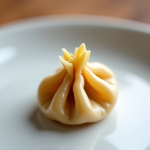 Close-up of a hand holding a freshly cooked Khinkali dumpling, showcasing the perfect pleats and steam rising, emphasizing the warm broth inside.