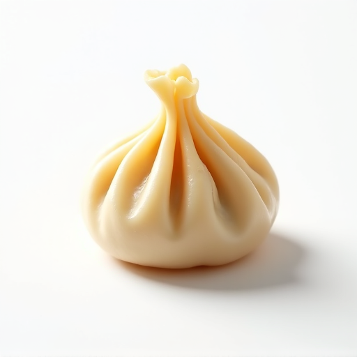 A hand holding a khinkali dumpling, demonstrating how to eat it correctly, with the 'kudi' or dough handle at the top