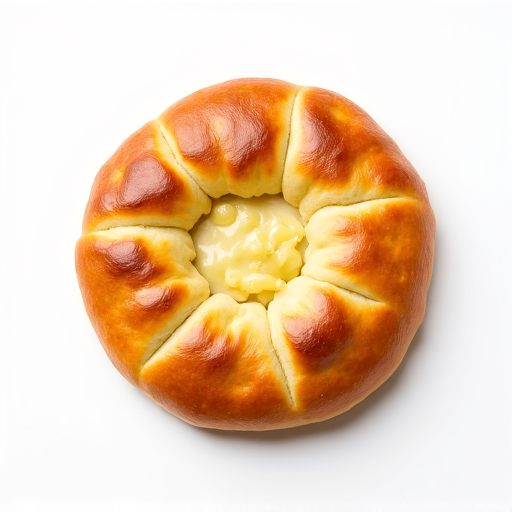 Traditional Imeruli Khachapuri, a circular Georgian cheese bread with a soft, thin crust filled with cheese. This image captures the authentic texture and golden-brown finish of 'imeruli khachapuri' showcasing its warm, inviting appearance, ready to be enjoyed at Yerevan Sac.