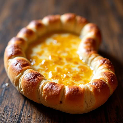 Close-up of a Khachapuri with a Dramatic Cheese Pull. A close-up shot capturing the moment a piece of Khachapuri is pulled, showcasing the luxurious stretch of melted cheese and the tender texture of the bread, with a warm, inviting glow.