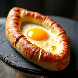 Freshly baked Khachapuri garnished with vibrant green herbs and paired with delicious side sauces.