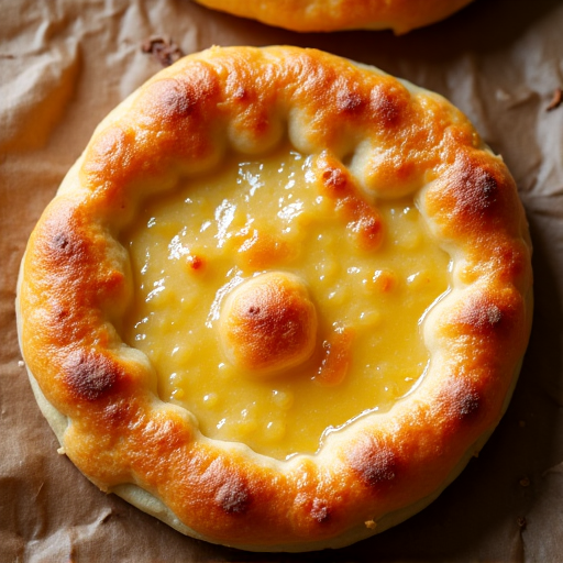 Golden Khachapuri with Perfectly Melted Cheese. A view of the top of a Khachapuri, highlighting the golden-brown crust and the generously melted, bubbling cheese filling, promising a delightful culinary experience.