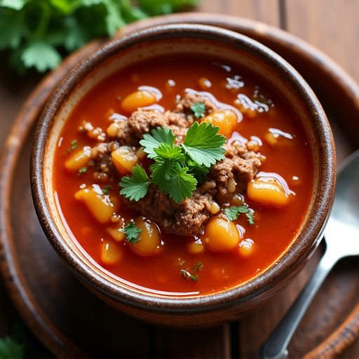 Authentic Georgian Kharcho Soup with beef, rice, and spices in a bowl, a traditional Caucasian dish from Sacramento.