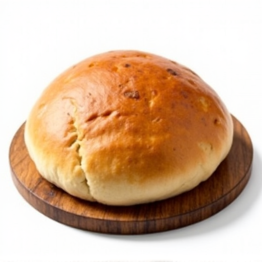Traditional Svanetian Kubdari, Georgian Meat Bread, served on a rustic wooden board.