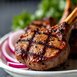 Lamb Chops Mangal perfectly grilled with sumac-dusted onions. Succulent grilled lamb chops served with a vibrant garnish of sumac-dusted onions, showcasing the rich flavors and authentic presentation of Yerevan Sac's Armenian-Georgian cuisine.