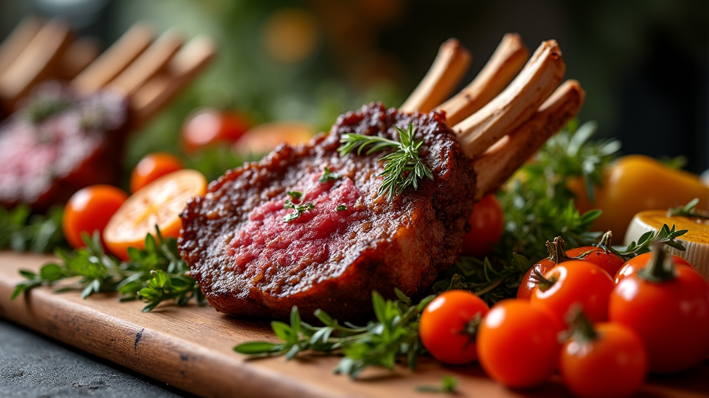 Elegant lamb rack mangal catering spread on a long table for an event