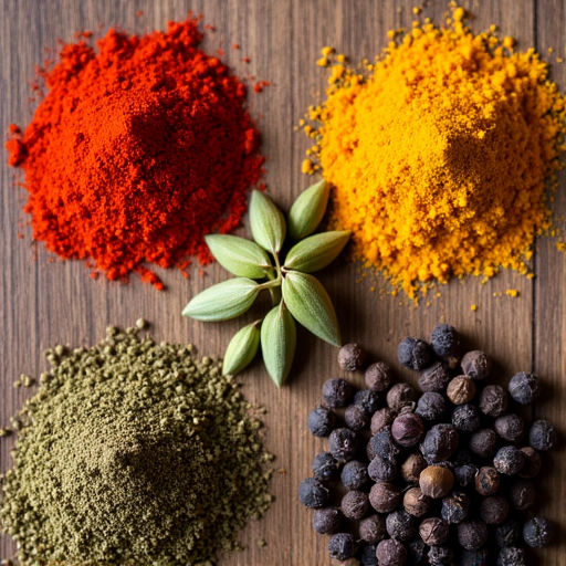 A collection of vibrant spice jars and fresh herbs, representing the rich flavors of Mediterranean and Caucasian cuisine.