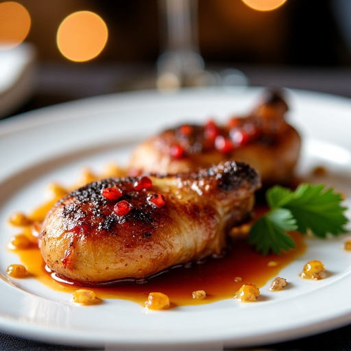 Premium grilled quail with pomegranate sauce on a white plate in a restaurant setting. The grilled quail is perfectly cooked, showcasing its delicious texture and rich flavors, served with fresh herbs and a side of traditional Armenian garnishes.