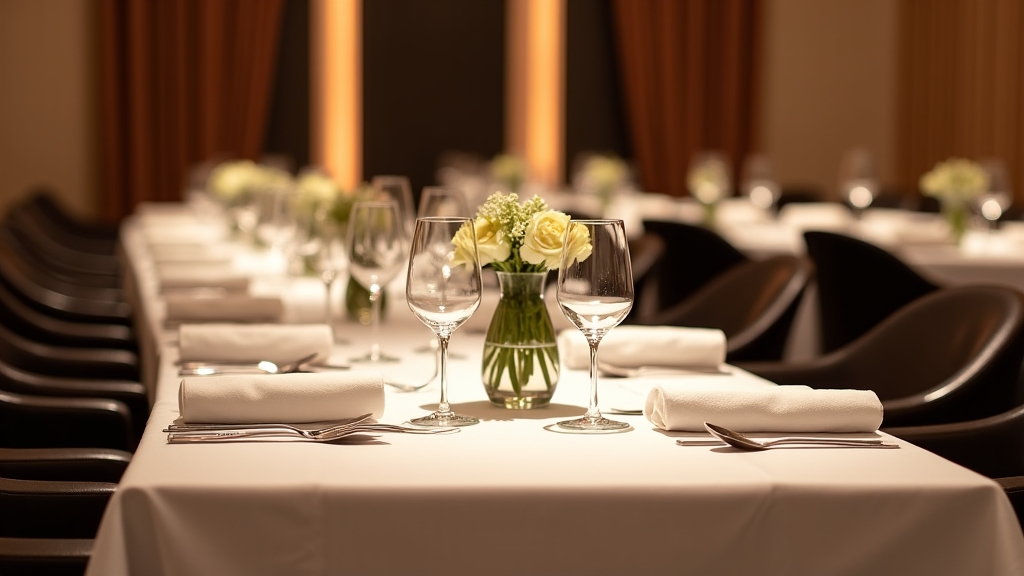Elegant private dining event setup at a Mediterranean restaurant in Arden-Arcade. The long table is set with white tablecloths, glassware, and flowers, ready for a special occasion.