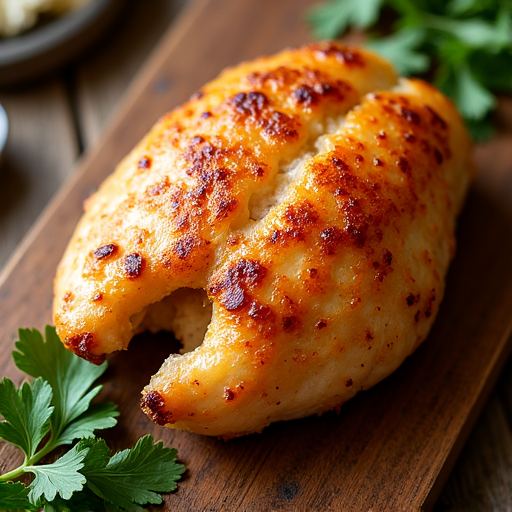 Crispy skin of a traditional Georgian Chicken Tabaka, with a side of fresh herbs and garlic sauce.
