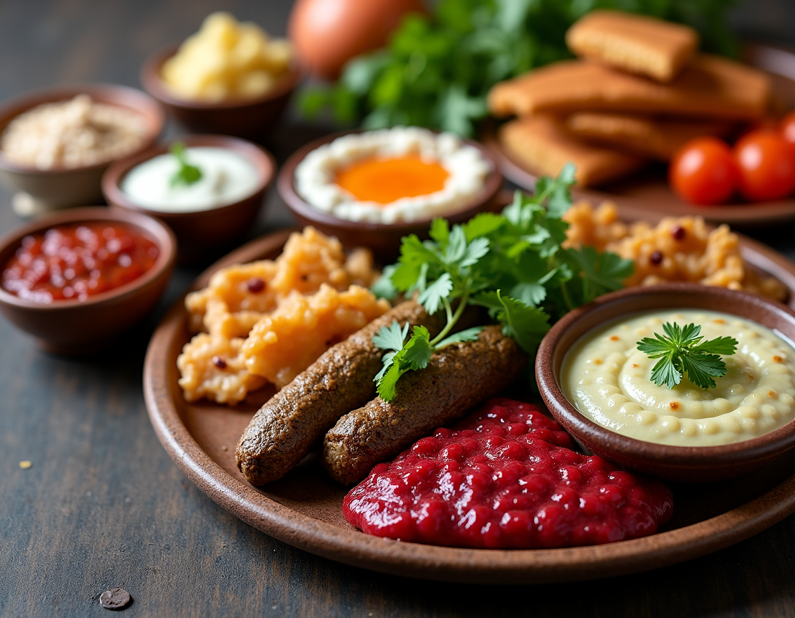 Traditional Georgian Mezze platter, featuring various appetizers and spreads, ideal for a restaurant background.